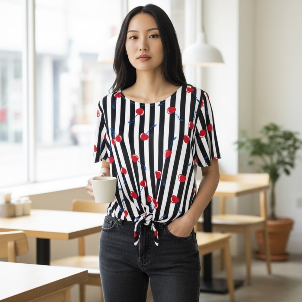Cynthia Rowley Cherry Stripe Tie Front Top Retro Style Blouse